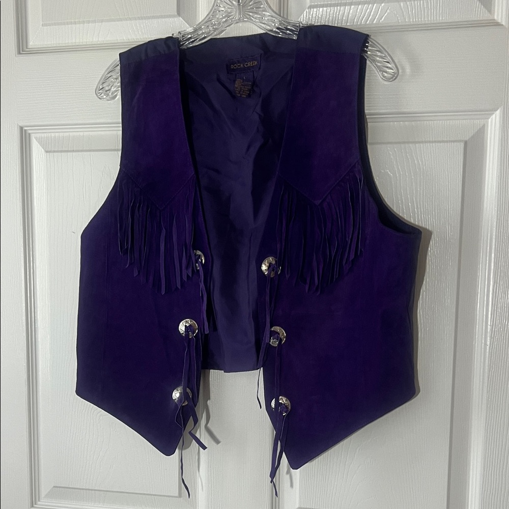 Vtg Rock Creek‎ LEATHER Purple Fringe Vest with Silver Concho Accents, Sz Large